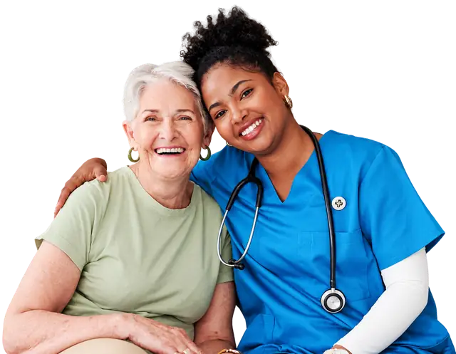 Woman in blue scrubs and a stethoscope with her arm around a smiling older woman